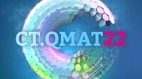 Farbiges Logo der CT.QMAT22-Konferenz mit kugelförmiger Struktur und digitalen Wabenmustern.